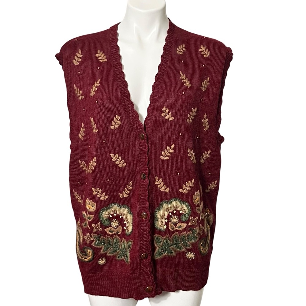 Vintage Koret Embroidered Wool Blend Sweater Vest Size Large Burgundy